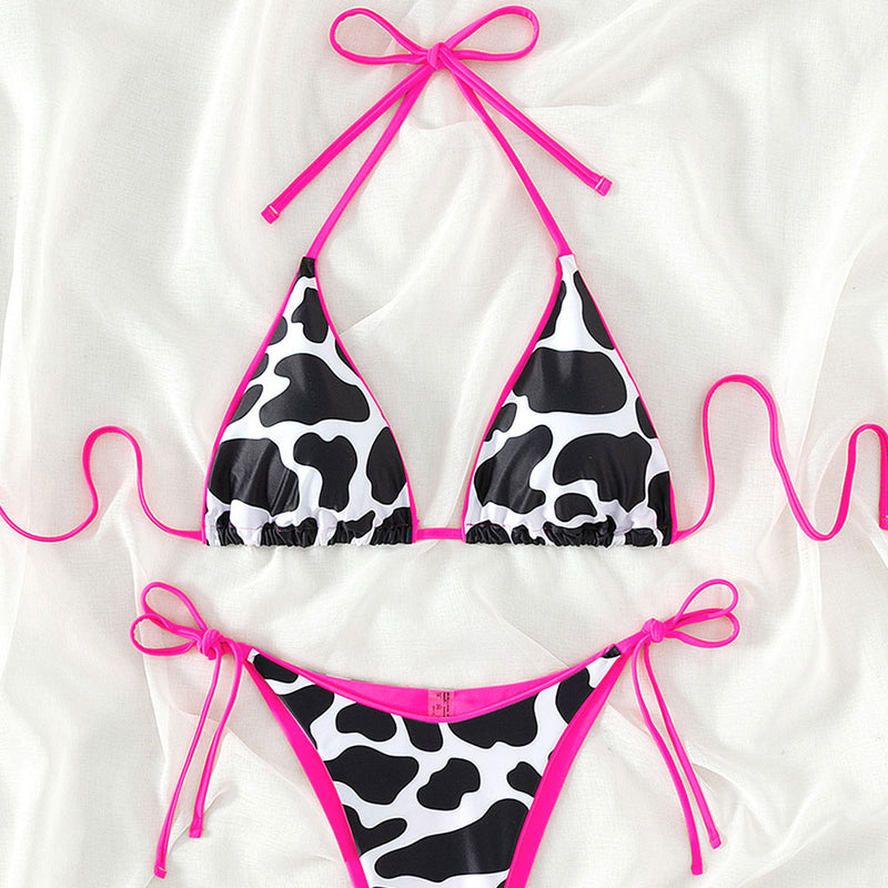 Sexy Contrast Tie String Cheeky Cow Print Triangle Brazilian Two Piece Bikini Swimsuit
