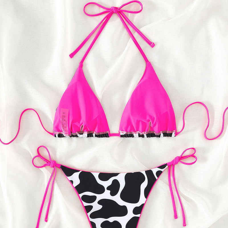 Sexy Contrast Tie String Cheeky Cow Print Triangle Brazilian Two Piece Bikini Swimsuit