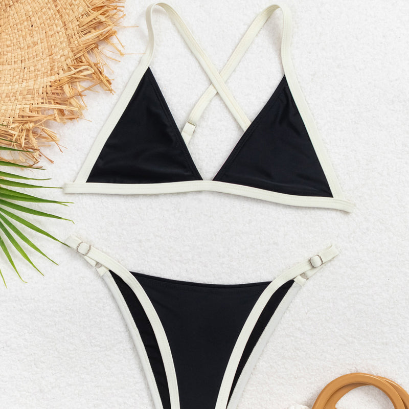Sexy Contrast Trim High Cut Cheeky Triangle Brazilian Two Piece Bikini Swimsuit