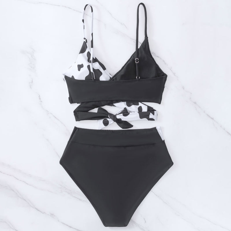 Sexy Cow Print High Waist Moderate Wrapped Brazilian Two Piece Bikini Swimsuit