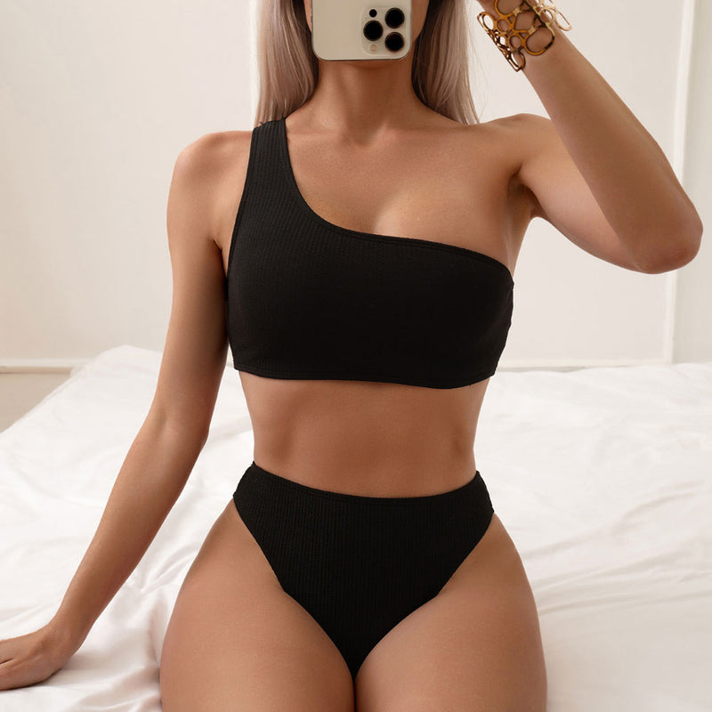 Sexy Crinkled Cheeky High Waist One shoulder Brazilian Two Piece Bikini Swimsuit