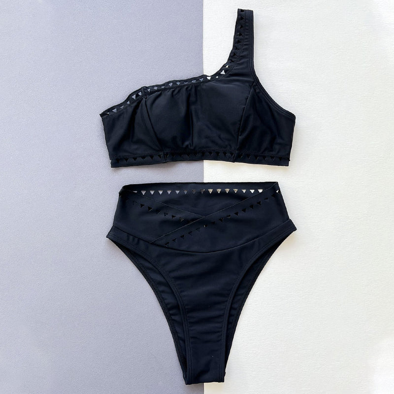 Sexy Cutout High Rise Moderate One Shoulder Brazilian Two Piece Bikini Swimsuit