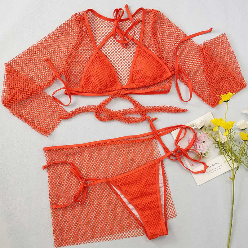Sexy Fishnet Cover Up Tie String Triangle Brazilian Four Piece Bikini Swimsuit