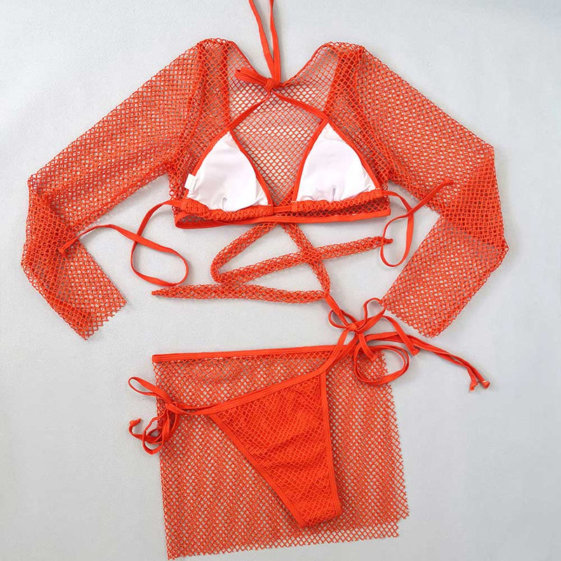 Sexy Fishnet Cover Up Tie String Triangle Brazilian Four Piece Bikini Swimsuit