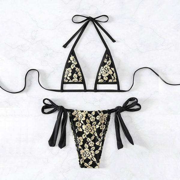 Sexy Floral Lace Strappy Cutout Micro Triangle Brazilian Two Piece Bikini Swimsuit
