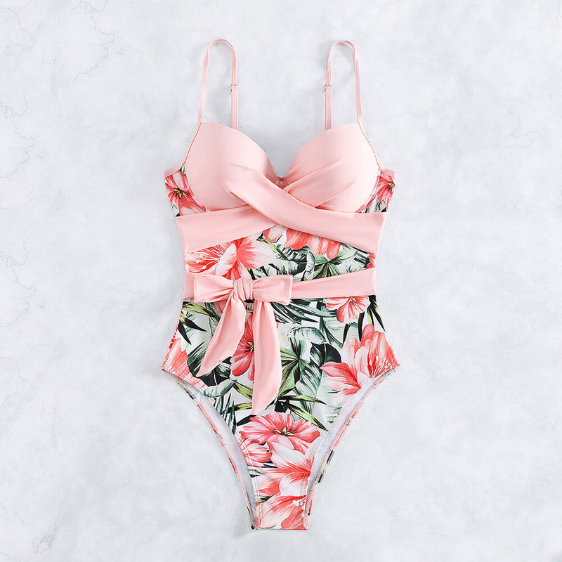 Sexy Floral Print Bow Tie Wrap Cross Underwire Brazilian One Piece Swimsuit