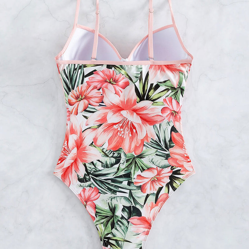Sexy Floral Print Bow Tie Wrap Cross Underwire Brazilian One Piece Swimsuit