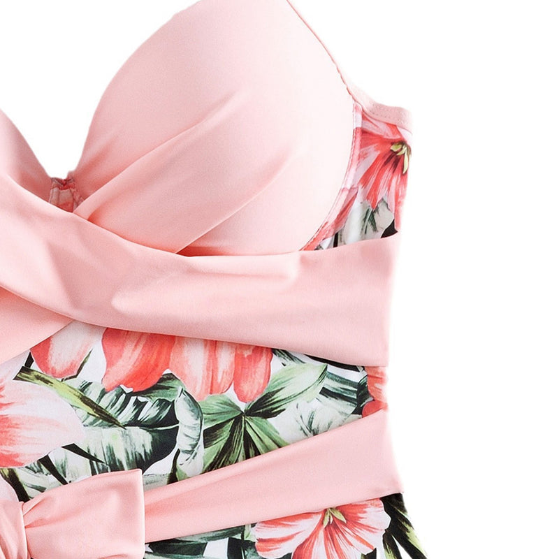 Sexy Floral Print Bow Tie Wrap Cross Underwire Brazilian One Piece Swimsuit
