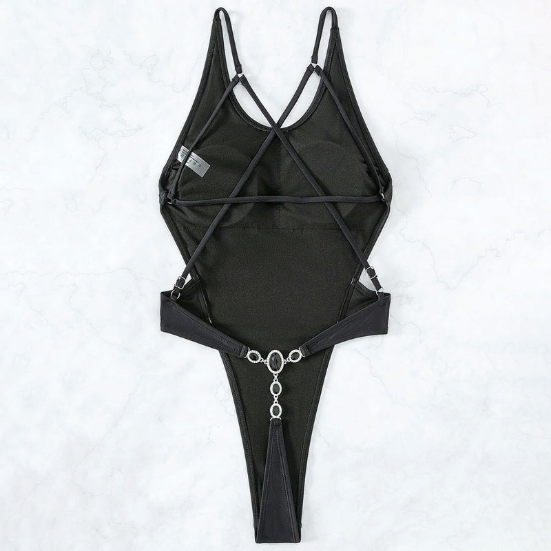 Sexy Gemstone Thong Strappy High Leg Low Back Brazilian One Piece Swimsuit