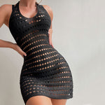 Sexy Halter Backless Open Knit Fitted Brazilian Beach Crochet Cover Up Mini Dress