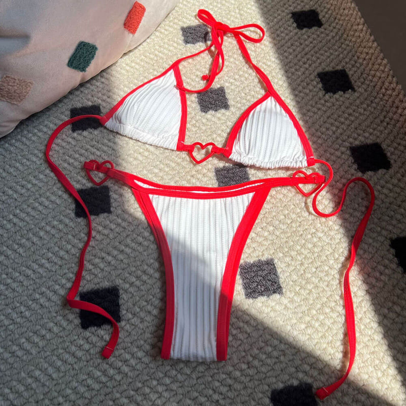 Sexy Heart Ring Contrast Binding Triangle Halter Cheeky Brazilian Two Piece Bikini Swimsuit