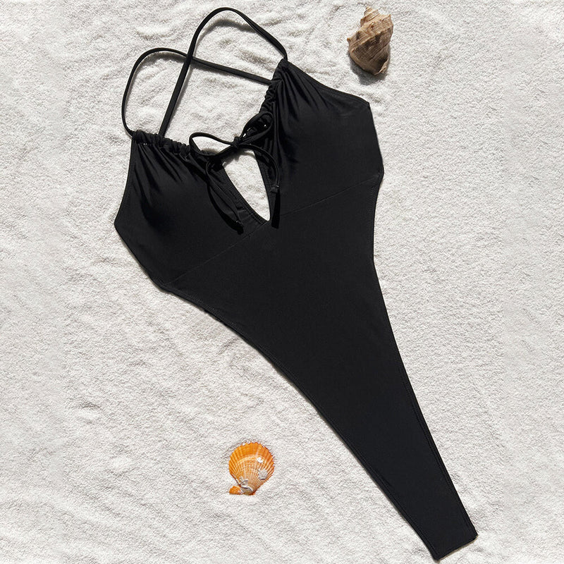 Sexy High Cut Bow Tie Neck Cross Back Monokini Brazilian One Piece Swimsuit