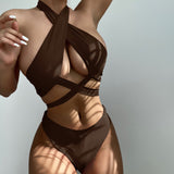 Sexy High Leg Cheeky Cutout Wrap Halter Brazilian Two Piece Bikini Swimsuit
