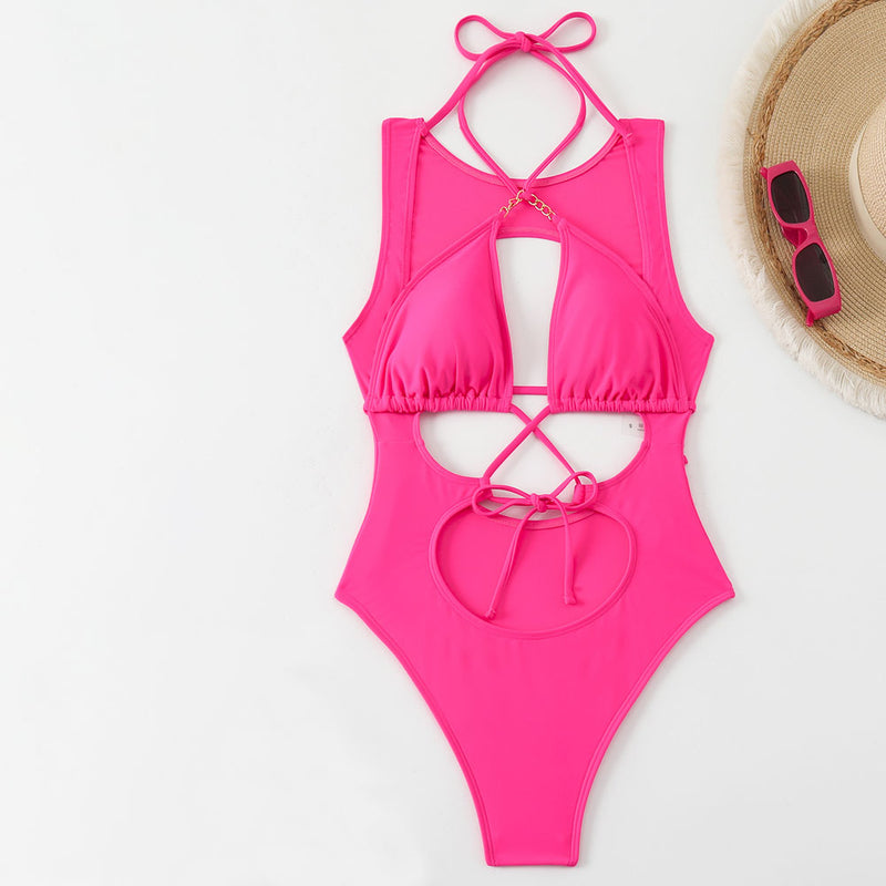 Sexy High Leg Cut Out Layer Traingle Chain Halter Brazilian One Piece Swimsuit