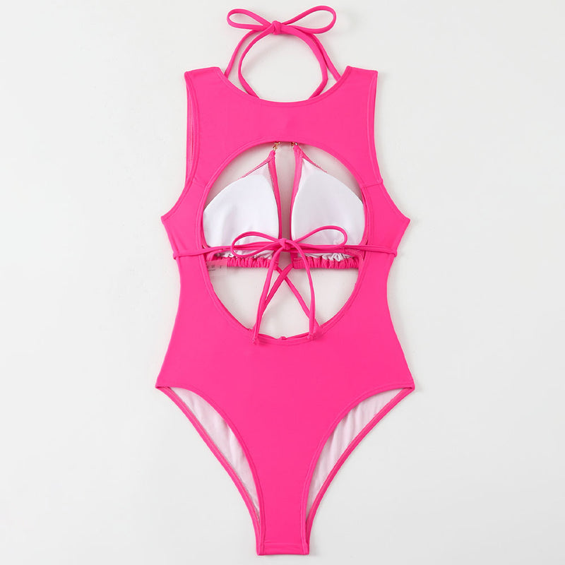 Sexy High Leg Cut Out Layer Traingle Chain Halter Brazilian One Piece Swimsuit