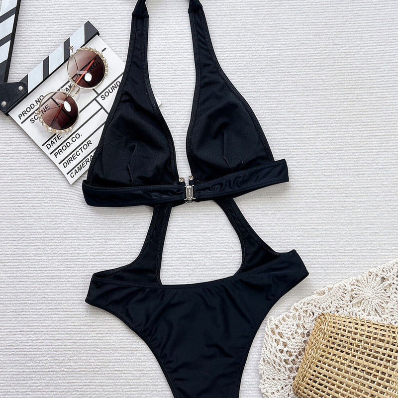Sexy High Leg Notch Ring Cutout Halter Monokini Brazilian One Piece Swimsuit