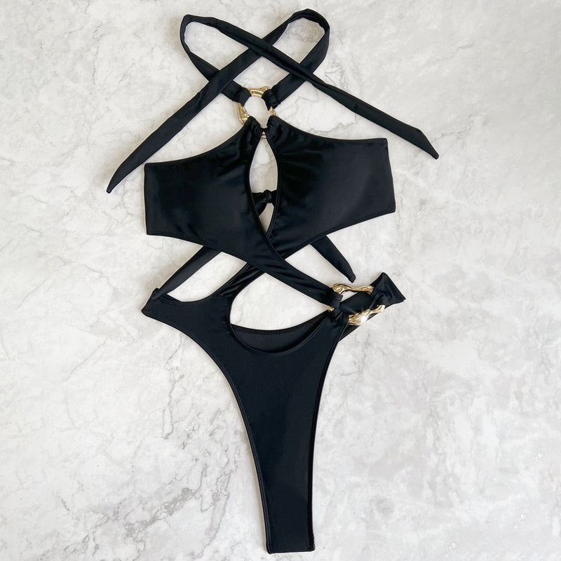 Sexy High Leg Thong Metal Ring Cut Out Halter Brazilian One Piece Swimsuit