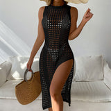 Sexy High Split Sleeveless Brazilian Beach Crochet Knit Cover Up Midi Dress