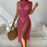 Sexy High Split Sleeveless Brazilian Beach Crochet Knit Cover Up Midi Dress