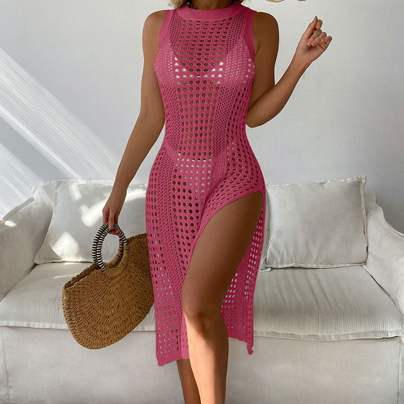 Sexy High Split Sleeveless Brazilian Beach Crochet Knit Cover Up Midi Dress