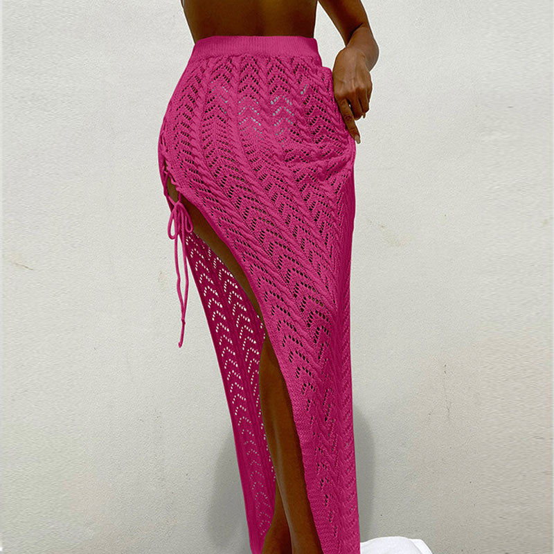 Sexy High Waist Crochet Knit Lace Up Split Brazilian Beach Cover Up Maxi Skirt
