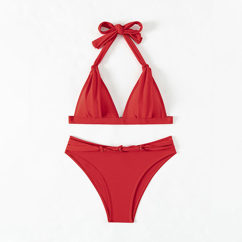 Sexy Knotted Cheeky Ruched Halter Triangle Brazilian Two Piece Bikini Swimsuit
