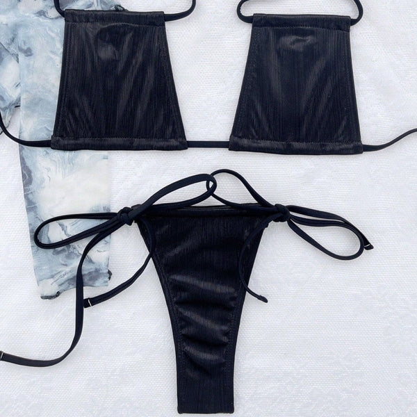 Sexy Metallic Tie Side Cheeky Thong Slide Brazilian Two Piece Bikini Swimsuit