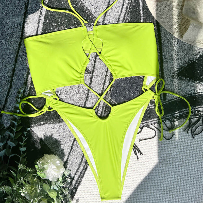 Sexy Neon Tie Side High Cut Cheeky Cutout Halter Brazilian One Piece Swimsuit