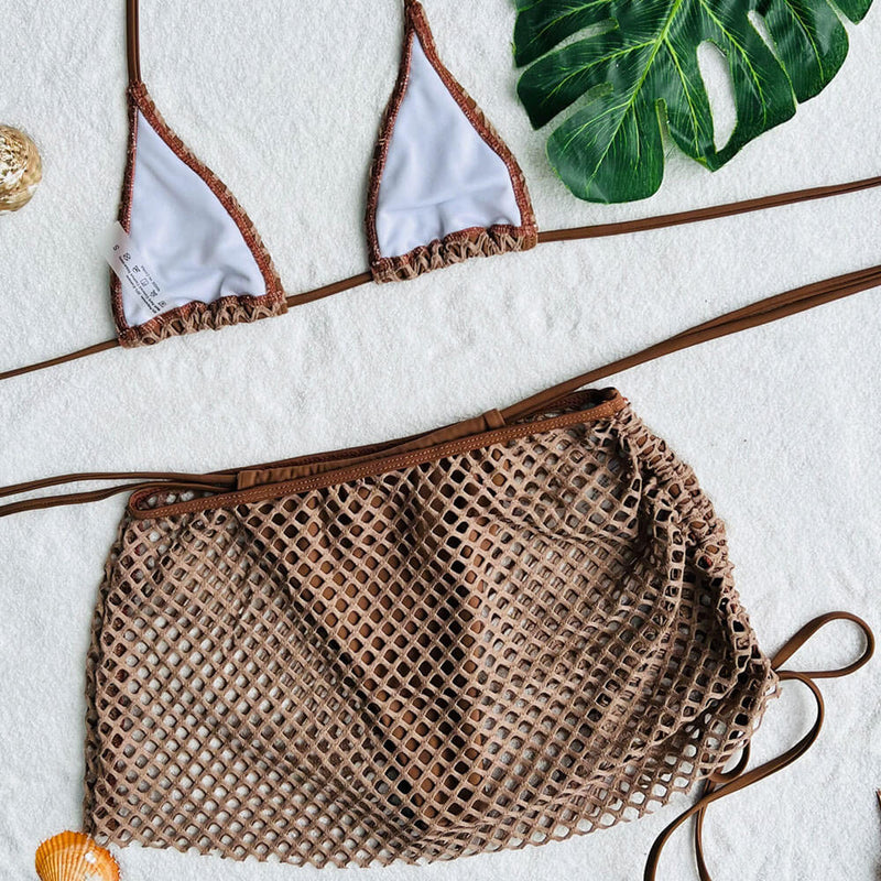 Sexy Netted Cover Up Tie String Micro Triangle Brazilian Three Piece Bikini Swimsuit