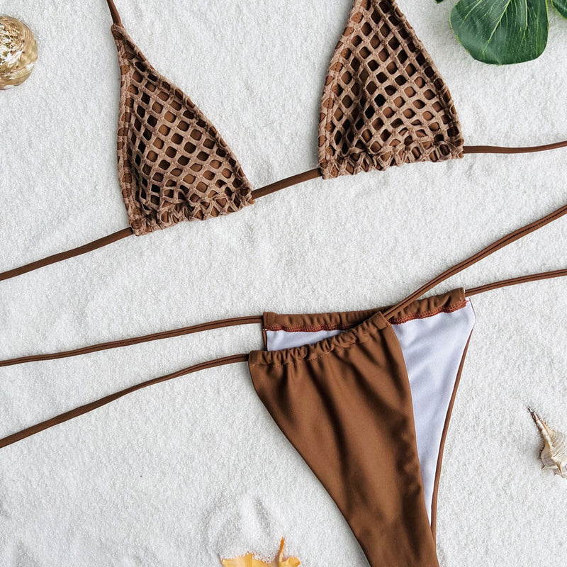 Sexy Netted Cover Up Tie String Micro Triangle Brazilian Three Piece Bikini Swimsuit