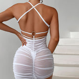 Sexy O Ring Back Ruched Bodycon Sheer Mesh Brazilian Mini Cover Up