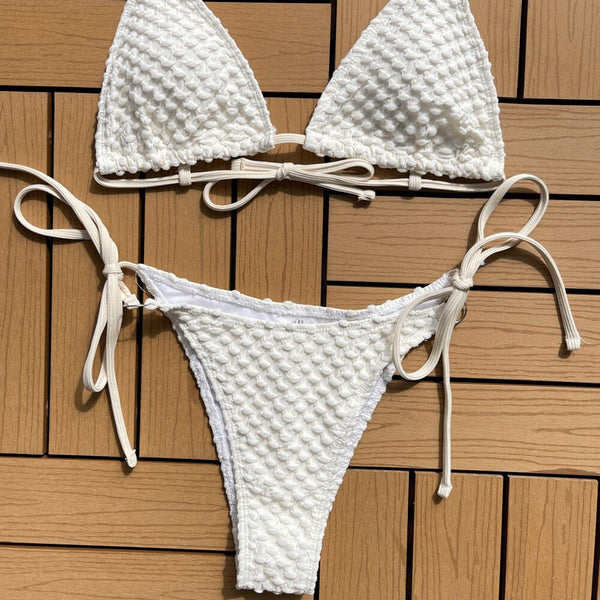 Sexy O Ring String Cheeky Popcorn Triangle Brazilian Two Piece Bikini Swimsuit