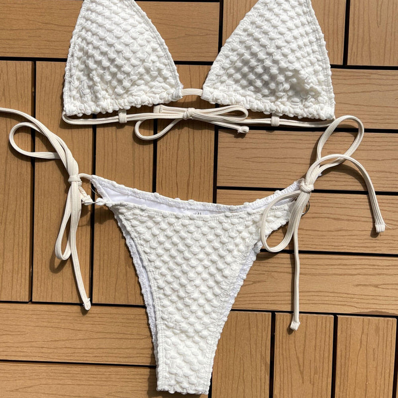 Sexy O Ring String Cheeky Popcorn Triangle Brazilian Two Piece Bikini Swimsuit