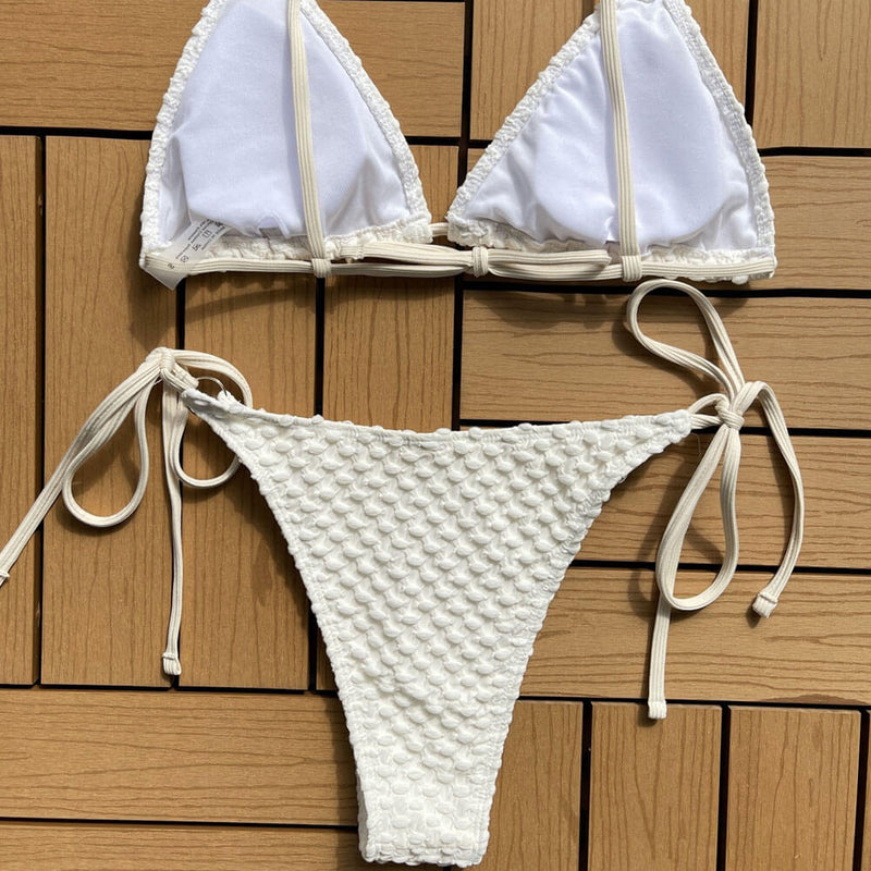 Sexy O Ring String Cheeky Popcorn Triangle Brazilian Two Piece Bikini Swimsuit