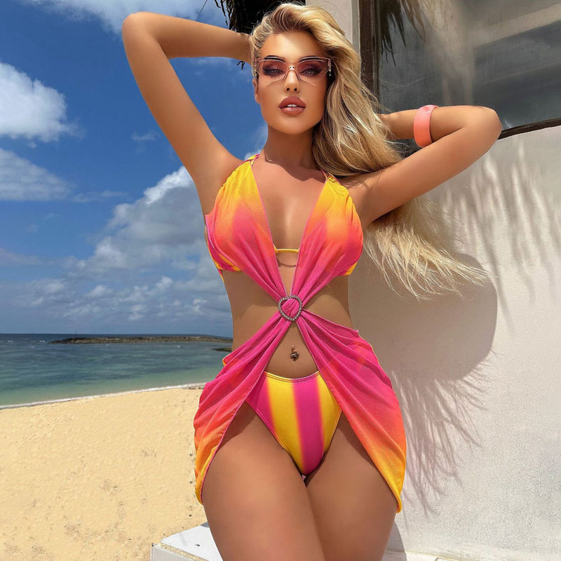 Sexy Ombré Striped Rhinestone Halter Triangle High Leg Brazilian Three Piece Bikini Swimsuit