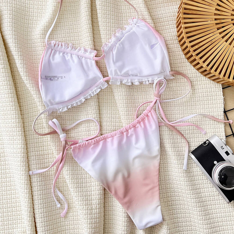 Sexy Ombre Tie Side Ruched Ruffle Bralette Brazilian Two Piece Bikini Swimsuit