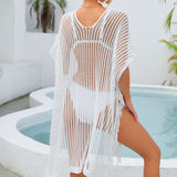 Sexy Oversized Thigh Split Sheer Crochet Fringe Brazilian Beach Mini Cover Up