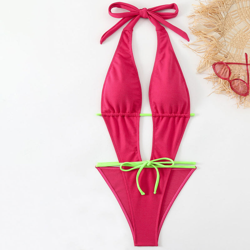 Sexy Rib High Le Wrap Deep V Halter Monokini Brazilian One Piece Swimsuit