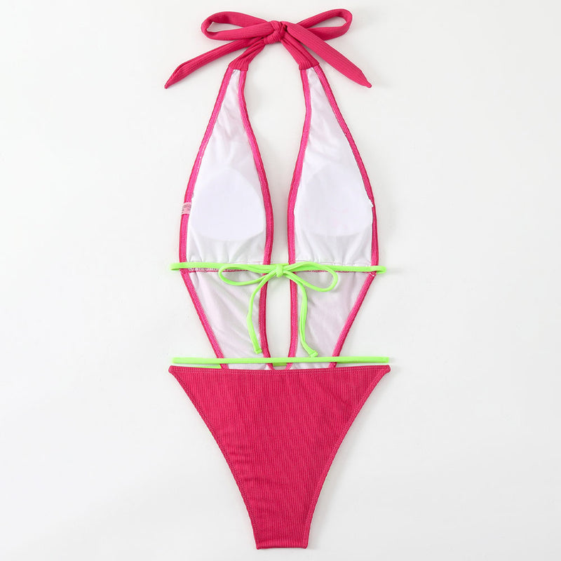 Sexy Rib High Le Wrap Deep V Halter Monokini Brazilian One Piece Swimsuit