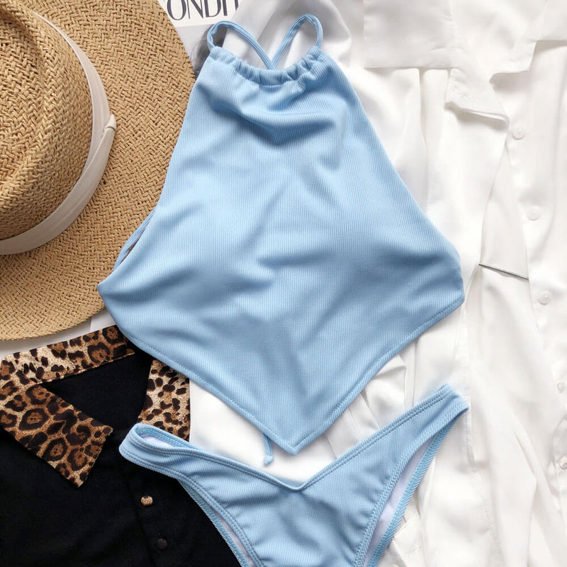 Sexy Rib Knit Cheeky High Cut Hanky Halter Brazilian Two Piece Bikini Swimsuit