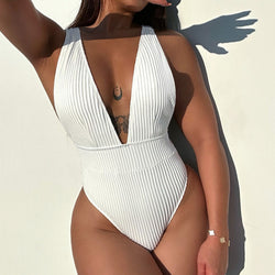 Sexy Rib Knit Cheeky Open Back Deep V Brazilian One Piece Swimsuit