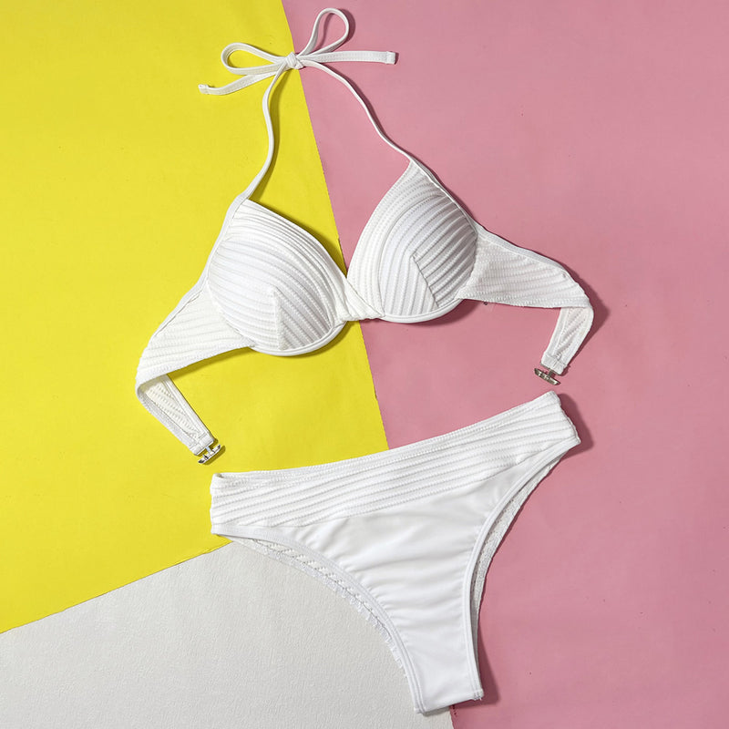 Sexy Ribbed High Waist Underwire Halter Brazilian Two Piece Bikini Swimsuit
