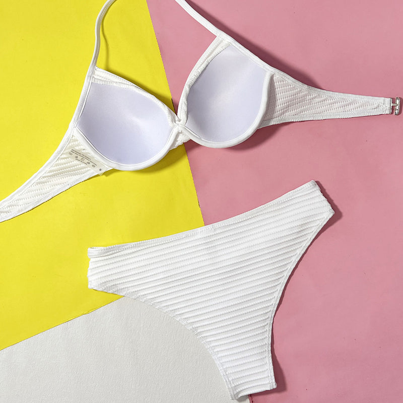 Sexy Ribbed High Waist Underwire Halter Brazilian Two Piece Bikini Swimsuit