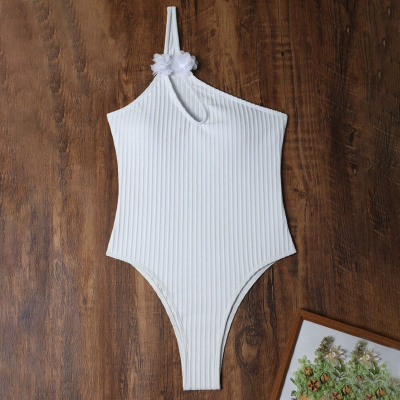 Sexy Rosette Cutout One Shoulder Cheeky Rib Knit Brazilian One Piece Swimsuit