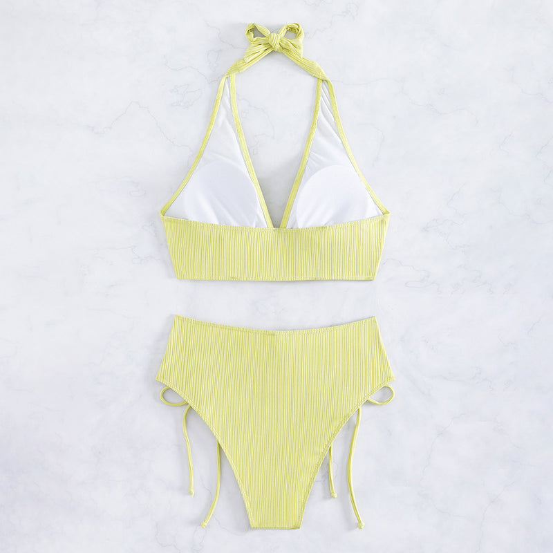 Sexy Ruched Tie High Waist Ribbed Halter Brazilian Two Piece Bikini Swimsuit