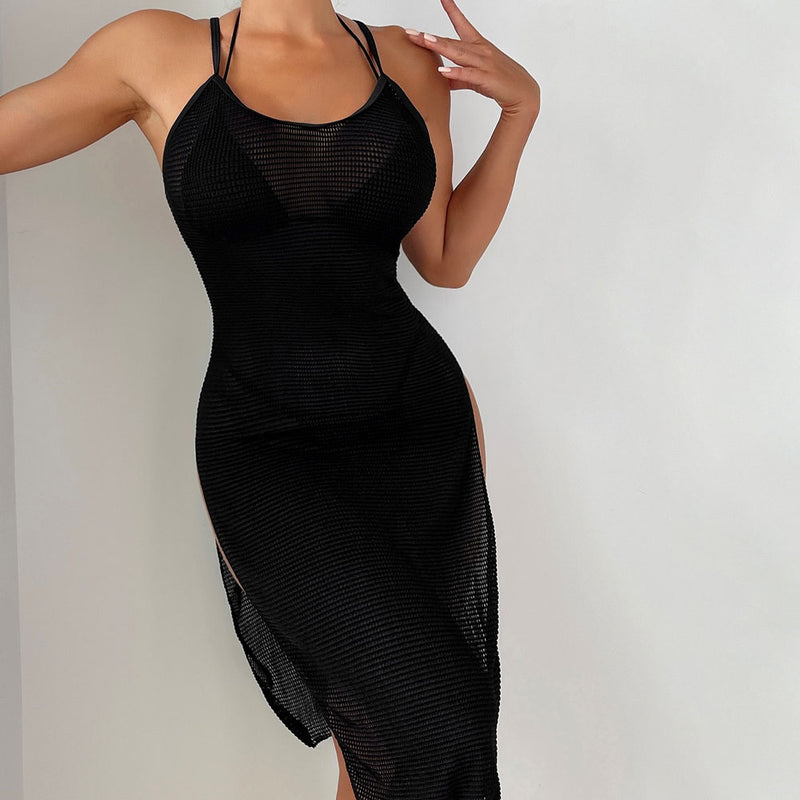 Sexy Scoop Neck Sleeveless Fitted Thigh Split Brazilian Midi Netted Cover Up