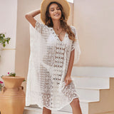 Sexy Sheer Lace Crochet Sleeved Deep V Brazilian Midi Beach Cover Up