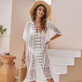 Sexy Sheer Lace Crochet Sleeved Deep V Brazilian Midi Beach Cover Up