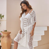 Sexy Sheer Lace Crochet Sleeved Deep V Brazilian Midi Beach Cover Up