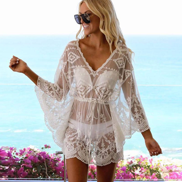 Sexy Sheer Lace Scalloped Sleeved Brazilian Beach Crochet Cover Up